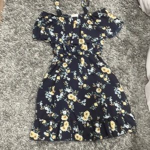 Off the shoulder navy blue dress with flowers